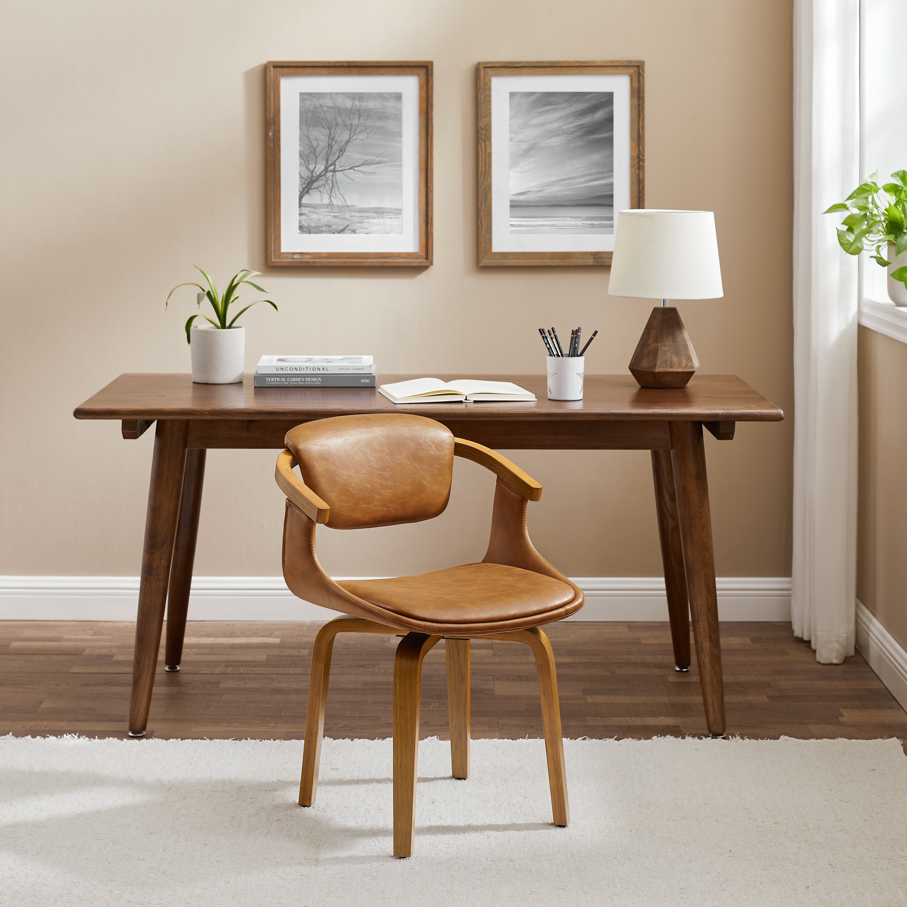 Art Leon PU Leather Swivel Desk Chair with Curved Bentwood Backrest