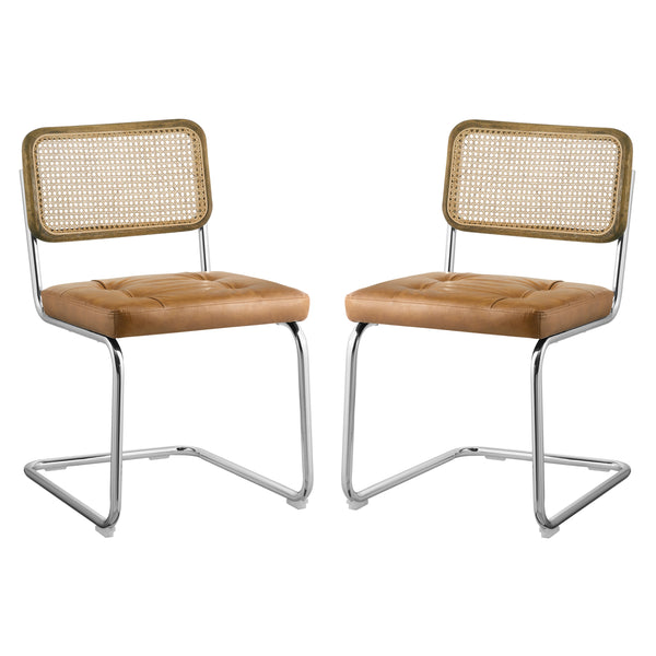 Art Rattan & Oak Dining Chair with PU Leather Upholstery and Metal Legs, Armless Boho Design