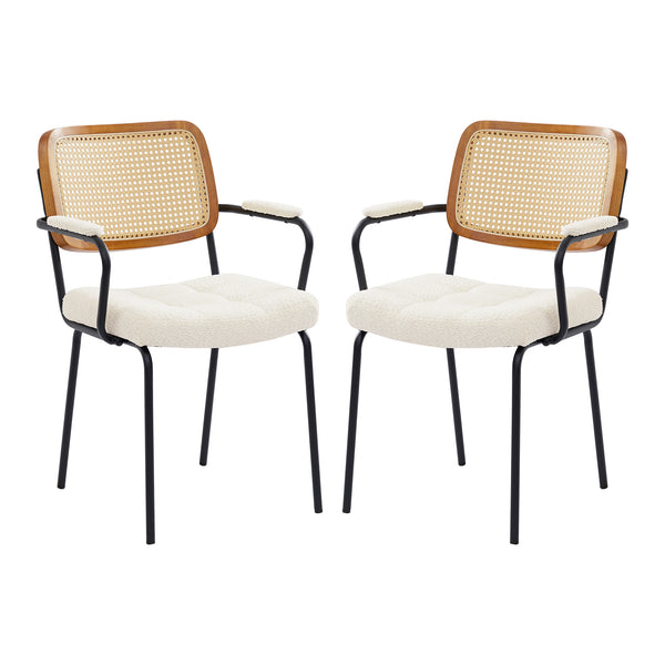 Art Leon Wicker Rattan Backrest Dining Chair with Boucle Fabric Upholstery and Metal legs