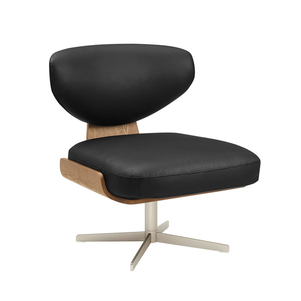 Art Leon Genuine Leather Swivel Leisure Chair with Walnut-Grained Curved Backrest & Metal Base