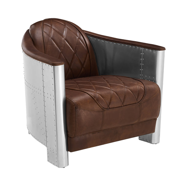 Art Leon Top Grain Aviator Genuine Leather Accent Chair with Aluminum Patchwork, Medieval Industrial Design