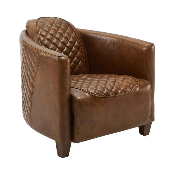 Art Leon Genuine Leather Arm Accent Chair, Wood Legs Mid-Century Modern Club Barrel Chair