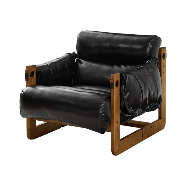 Art Leon Solid Ash Wood Leisure Chair, Top-Grain Leather Lounge Sofa with Strapped-on Cushions