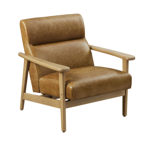 Art Leon Genuine Leather Accent Armchair With Solid Rubber Wood Frame, Midcentury Modern Leisure Chair